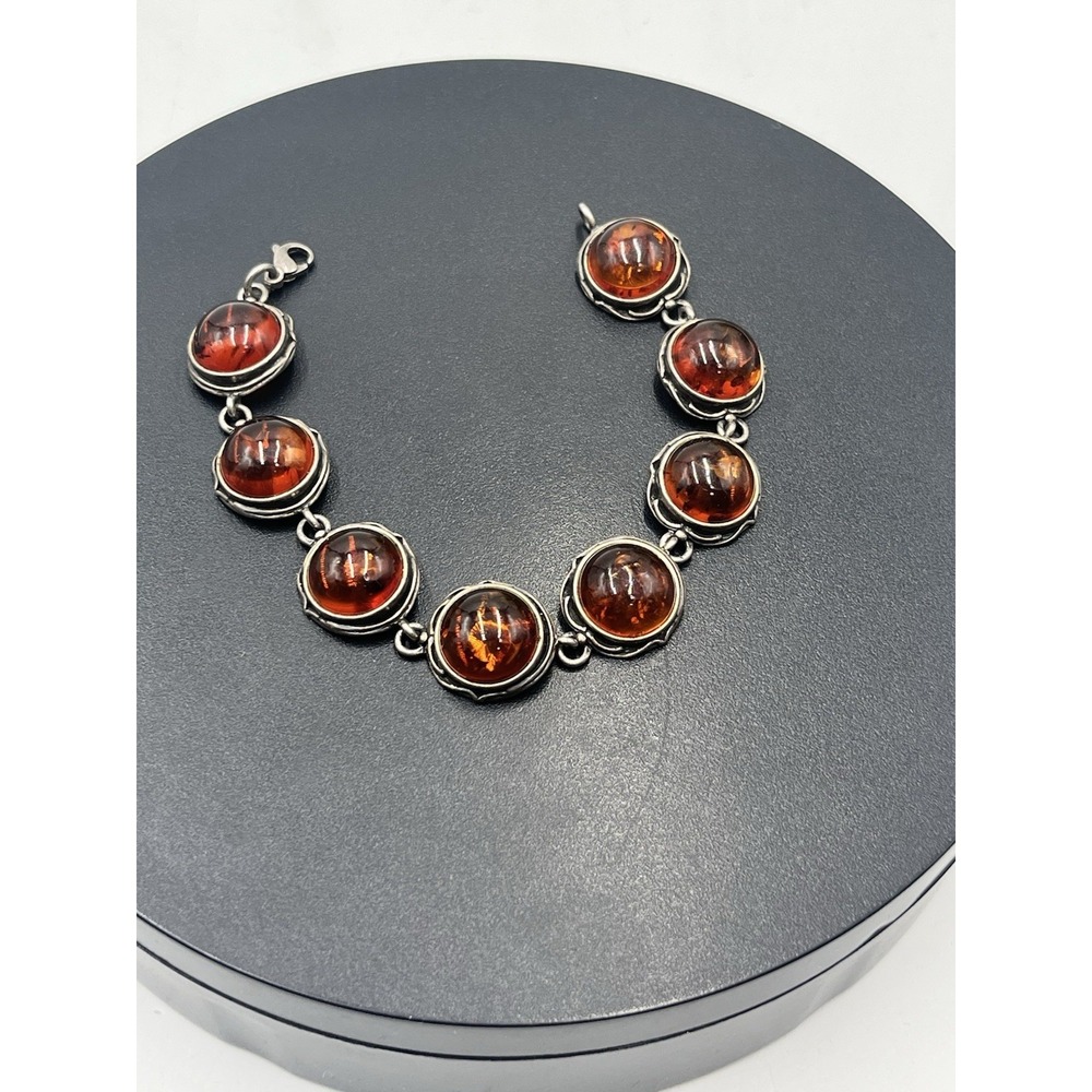 Vintage Sterling 925 Genuine Baltic Amber‎ Bezel Cabochon Setting Link Bracelet - Picture 3 of 13